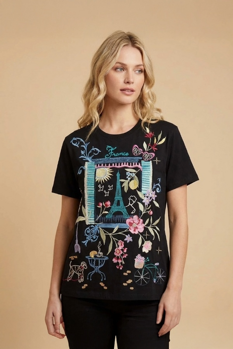 Johnny Was JWLA Black Paris Short Sleeve Crew Neck Tee J12225-3