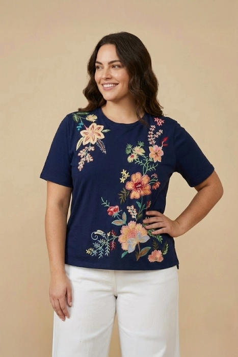 Johnny Was JWLA Blue Night Ishani Raw Seam Plus Size Short Sleeve T-Shirt J11225