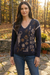 Johnny Was JWLA Navy Jenai The Whipstitch V-Neck Pullover Petite Size M64824P