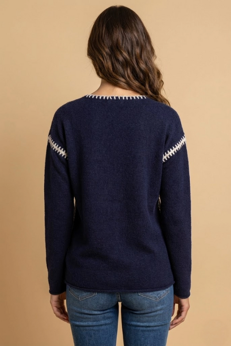 Johnny Was JWLA Navy Jenai The Whipstitch V-Neck Pullover Petite Size M64824P