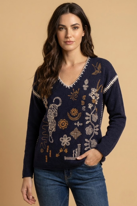Johnny Was JWLA Navy Jenai The Whipstitch V-Neck Pullover Petite Size M64824P