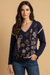 Johnny Was JWLA Navy Jenai The Whipstitch V-Neck Pullover Petite Size M64824P