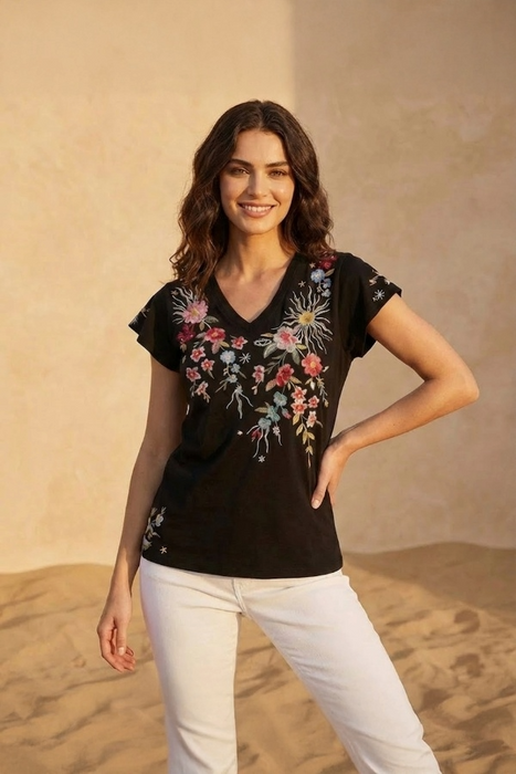 Johnny Was JWLA Black Lissa Flutter Sleeve Tee Shirt J19625-1