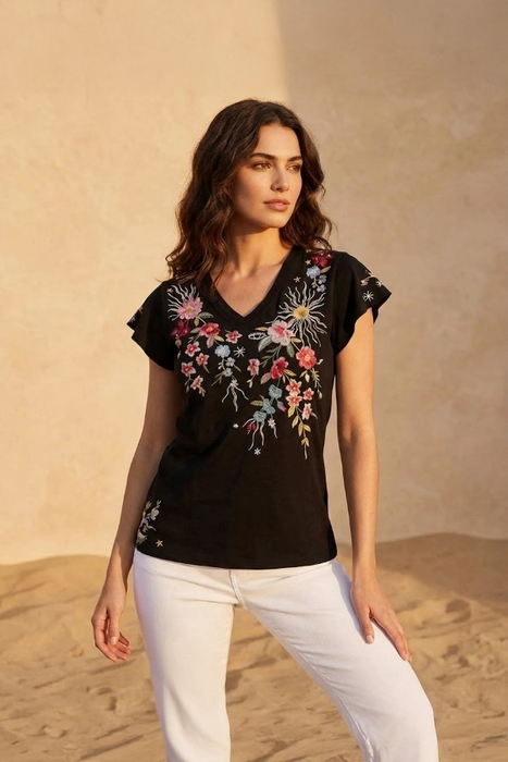 Johnny Was JWLA Black Lissa Flutter Sleeve Tee Shirt J19625-1