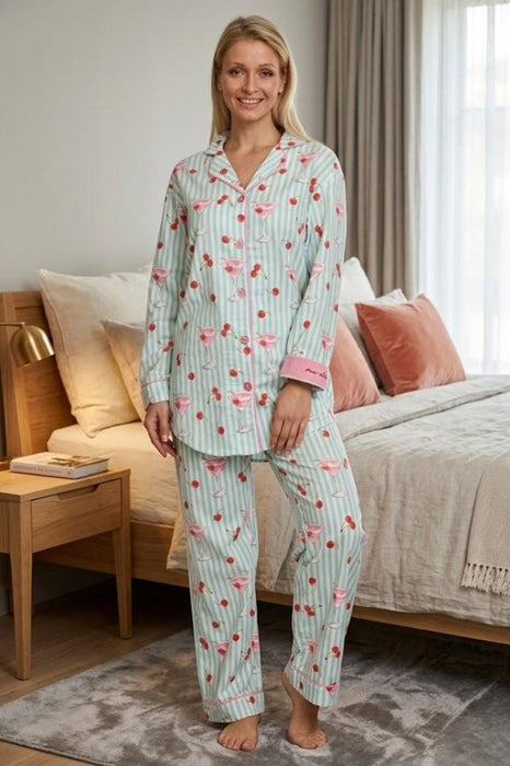 PJ Salvage Light Mint Ma Cherie Cherry Print Flannel Nightshirt Lounge Set RUFLNS/RUFLP