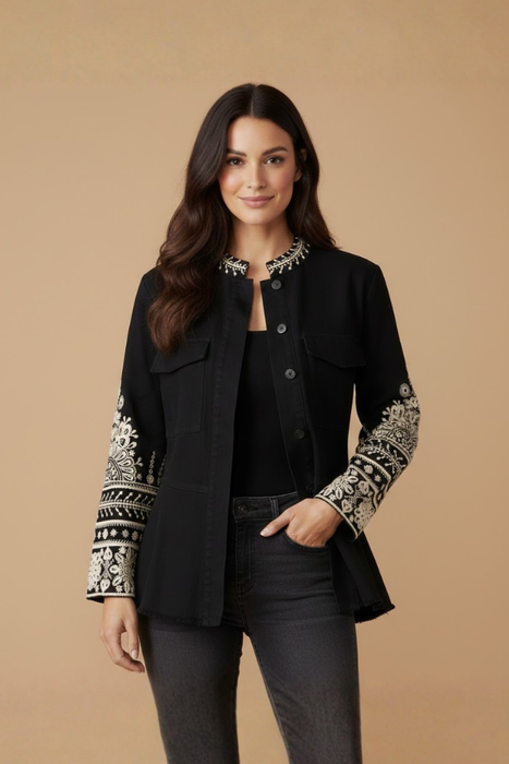 Johnny Was Workshop Black Marik Peplum Military Jacket W44219-1