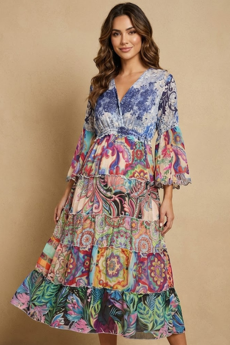 Johnny Was Denim Lace Scarf Dibble Tiered Maxi Dress C38425-2