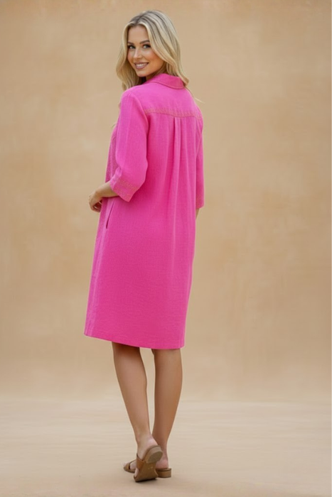 Johnny Was Hot Pink Camille Kimono Sleeve Linen Shirt Dress J35525-1