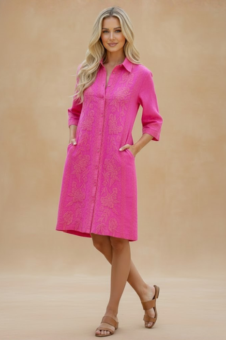 Johnny Was Hot Pink Camille Kimono Sleeve Linen Shirt Dress J35525-1