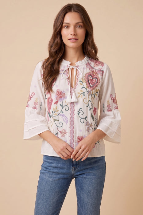 Johnny Was Workshop Ashlee Embroidered Ruffle Sleeve Blouse Boho Chic W11523