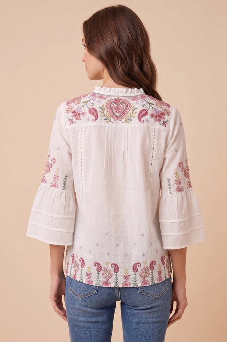 Johnny Was Workshop Ashlee Embroidered Ruffle Sleeve Blouse Boho Chic W11523