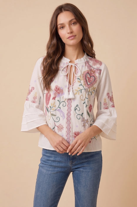 Johnny Was Workshop Ashlee Embroidered Ruffle Sleeve Blouse Boho Chic W11523