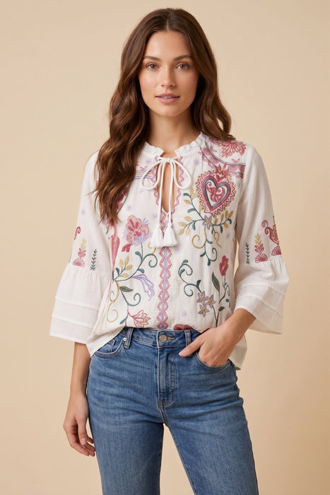 Johnny Was Workshop Ashlee Embroidered Ruffle Sleeve Blouse Boho Chic W11523