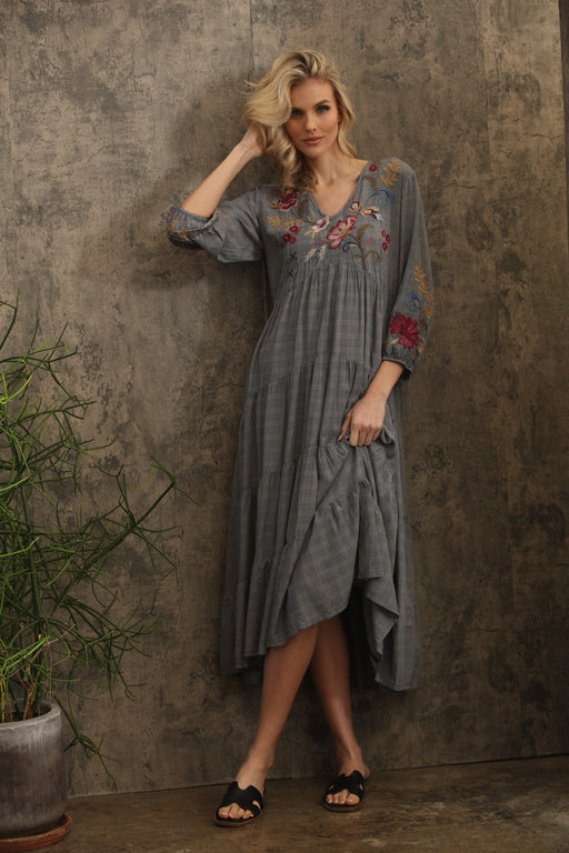 Johnny Was Workshop Plaid Bishop Sleeve Chebron Tiered Dress W39724-9