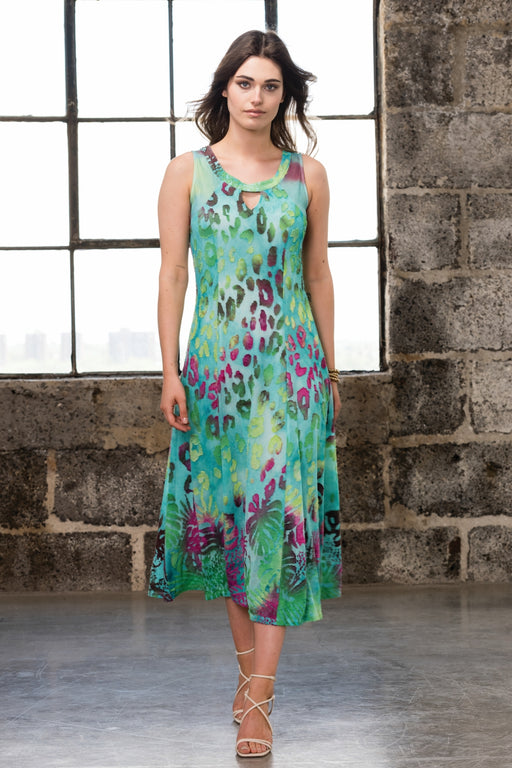 Alison Sheri Style A41342 Green/Multi Palm Animal Print Keyhole Neck Sleeveless Midi Dress