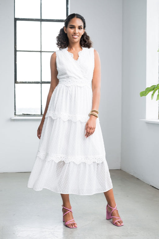 Alison Sheri Style A41145 White Lace Trim Tiered V-Neck Sleeveless Maxi Dress