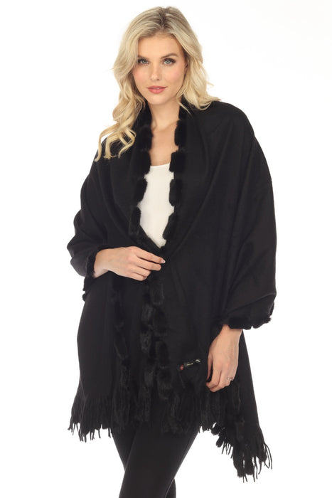 Belle Fare Style MS25M Black 100% Cashmere with Mink Trim and Fringe Wrap Shawl