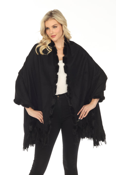 Belle Fare Black 100% Cashmere with Mink Trim and Fringe Wrap Shawl MS25M