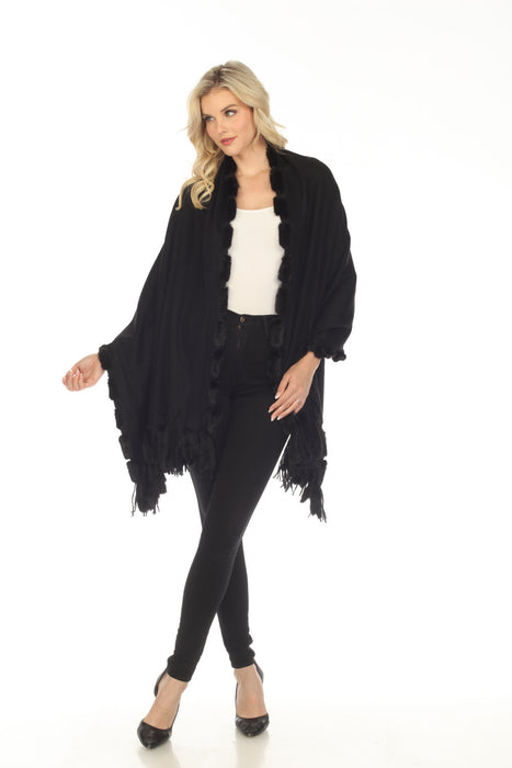 Belle Fare Black 100% Cashmere with Mink Trim and Fringe Wrap Shawl MS25M