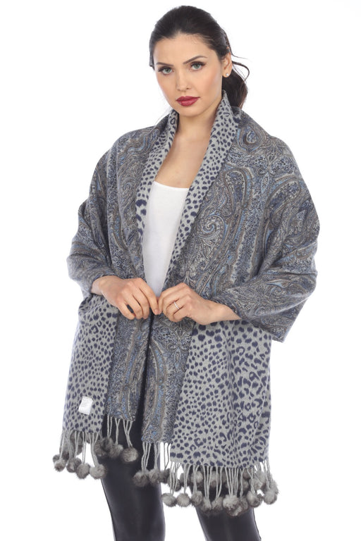 Belle Fare Style MS25 Grey Combo Cashmere Paisley Print with Mink Fur Poms Reversible Wrap Shawl