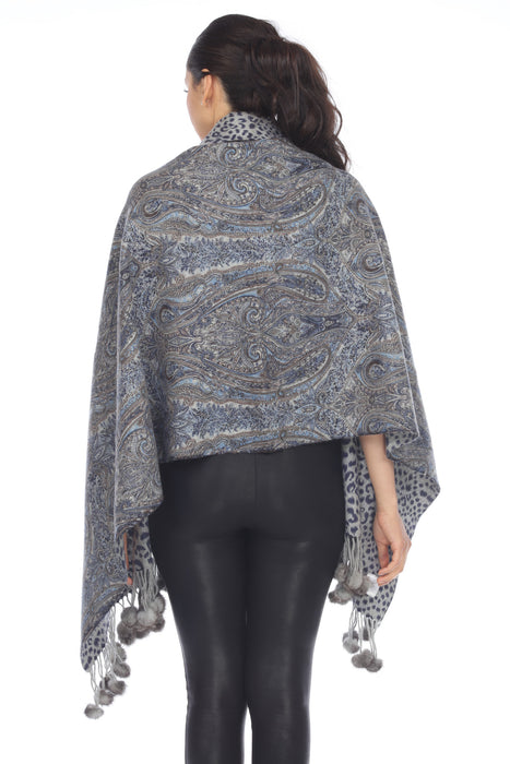 Belle Fare Grey Combo Cashmere Paisley Print with Mink Fur Poms Reversible Wrap Shawl MS25