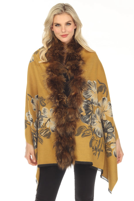 Belle Fare Style MS20 Mustard Real Silver Fox Trim Cashmere Blend Floral Wrap Cover-Up