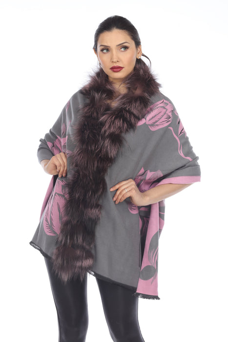 Belle Fare Style MS20 Grey/Pink Real Silver Fox Trim Cashmere Blend Floral Wrap Cover-Up