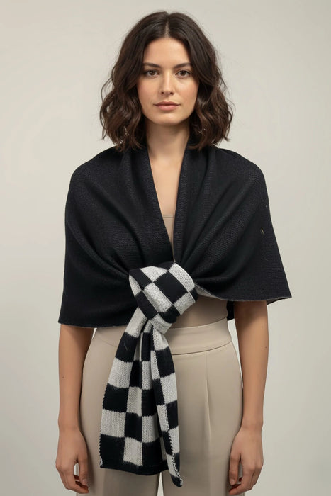 C&D Black/White Checkered Knit Acrylic Shawl S1032