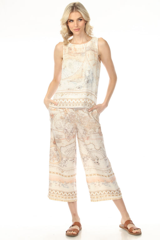 Woman wearing vintage atlas printed wide leg pants with cropped length from Charlie B