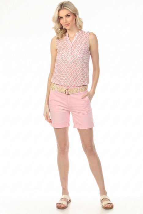 Woman wearing a pink twill shorts with roll up cuff and belt from Charlie B