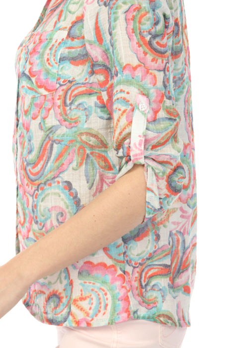Charlie B Carnival Printed Cotton Roll-Up Sleeve Blouse C4605D-274C