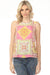 Woman wearing a colorful patterned sleeveless top with round neck from Charlie B