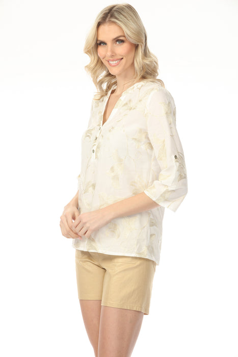 Charlie B Gold Embroidered Roll-Up Popover Blouse C4188T-222C