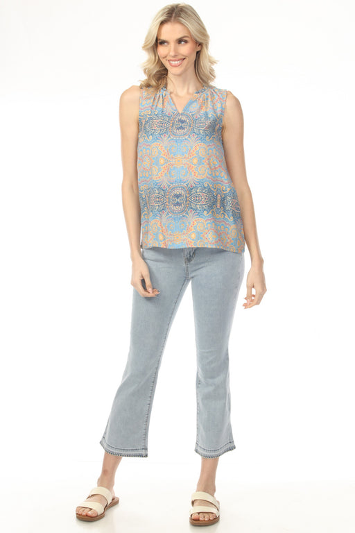 Woman wearing light blue cropped flare leg jeans with button and zip closure from Charlie B