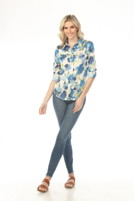 Charlie B Lime Floral Roll-Up Sleeves Button-Up Blouse C4497RP-767B