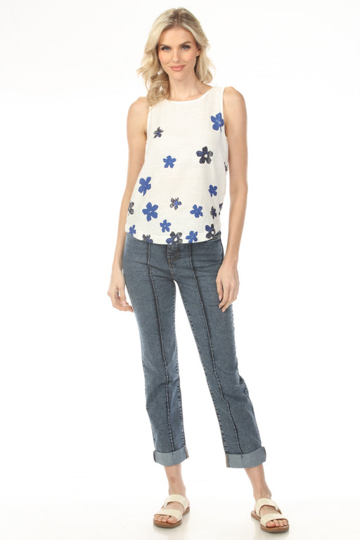 Woman wearing a blue straight crop jeans with pintuck front and roll up hem from Charlie B