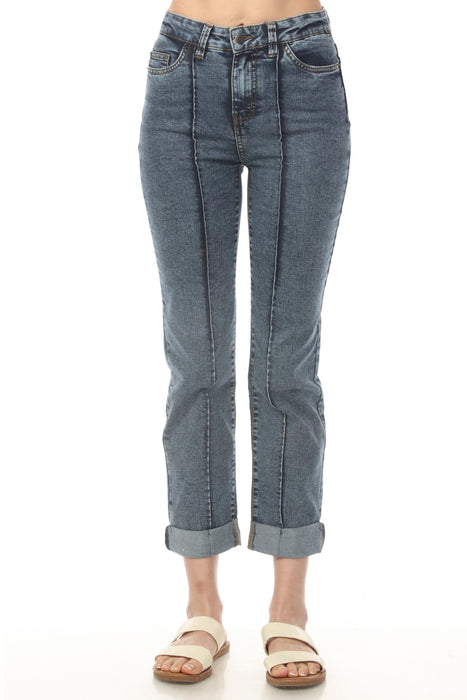 Woman wearing a blue straight crop jeans with pintuck front and roll up hem from Charlie B