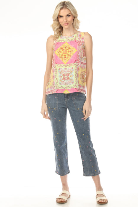 Woman wearing blue denim cropped jeans with mini floral embroidery and narrow leg from Charlie B
