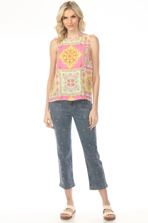 Woman wearing blue denim cropped jeans with mini floral embroidery and narrow leg from Charlie B