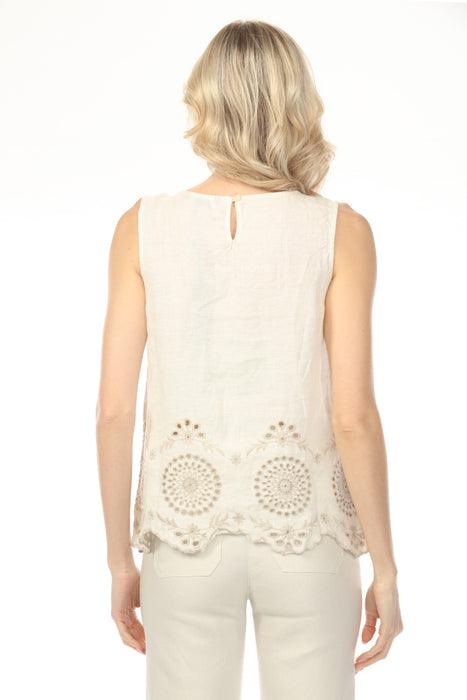 Charlie B Natural Sleeveless Linen Top with Eyelet Embroidery C4510E-844C