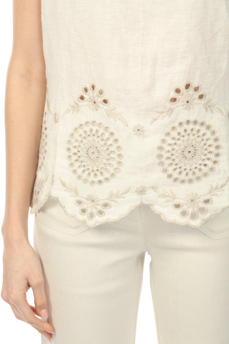 Charlie B Natural Sleeveless Linen Top with Eyelet Embroidery C4510E-844C