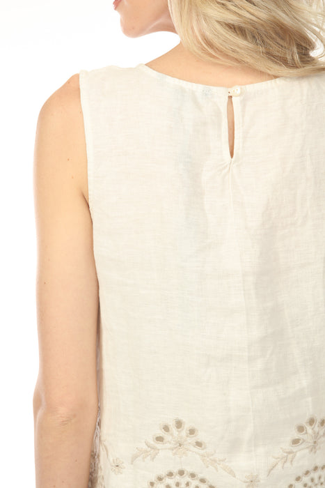 Charlie B Natural Sleeveless Linen Top with Eyelet Embroidery C4510E-844C