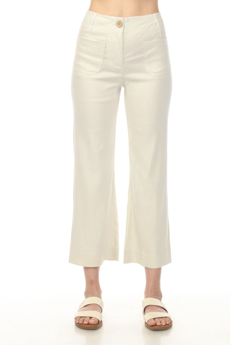 Woman wearing a beige solid color straight pants with cropped length and patch pockets from Charlie B