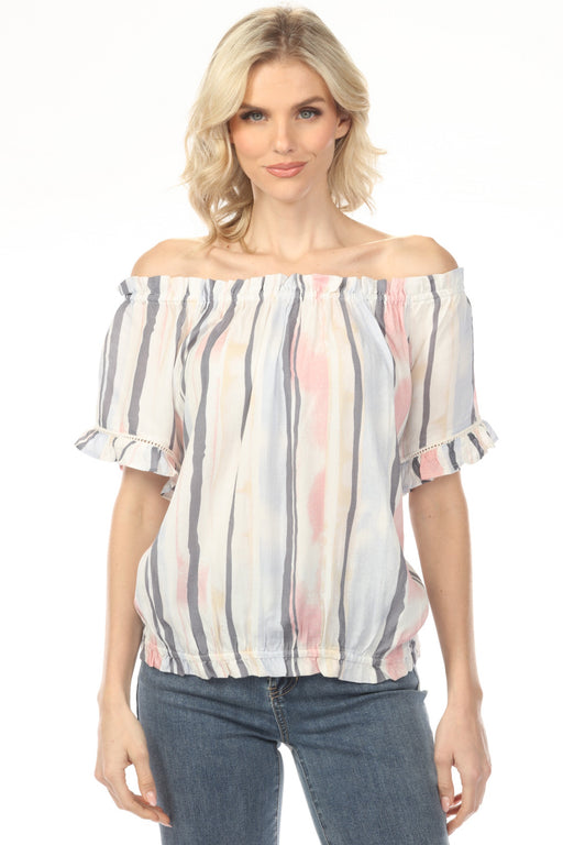 Woman wearing a colorful striped off-shoulder top with elastic hem from Charlie B