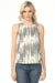 Woman wearing a white tank top with black cross hatch pattern from Charlie B