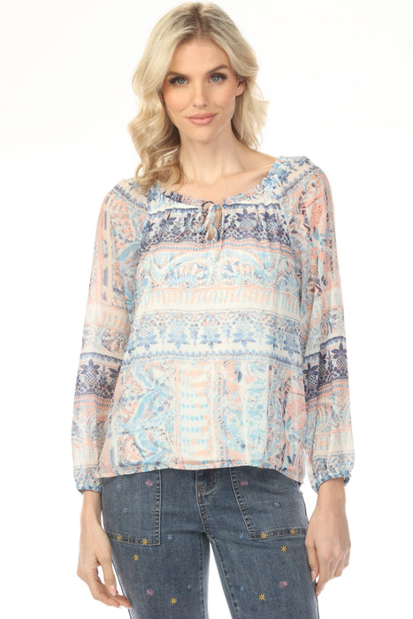 Woman wearing a lightweight Fair Isle patterned raglan sleeve blouse from Charlie B