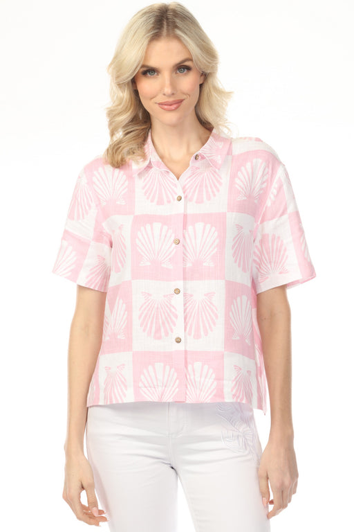 Woman wearing a pink and white shell checkered print shirt with button front and short sleeves from Charlie B