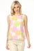 Woman wearing a multicolored splatter patterned sleeveless top with side ties from Charlie B