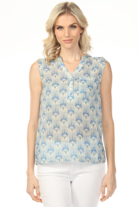 Woman wearing blue printed gauze sleeveless top with v-neck henley with left chest pocket from Charlie B
