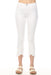Woman wearing white cropped jeans with frayed tulip hem and embroidery from Charlie B